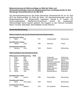 Bekanntmachung Der Wahlvorschläge Zur Wahl Der Stadt- Und Gemeindevertretungen Sowie Der Bürgermeisterinnen Und Bürgermeister Im Amt Sternberger Seenlandschaft Am 26