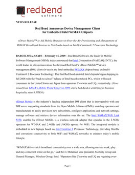 Red Bend Announces Device Management Client for Embedded Intel Wimax Chipsets