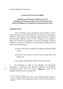 Legislative Council Brief : Antiquities and Monuments Ordinance