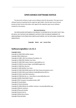 OPEN SOURCE SOFTWARE NOTICE Software:Iptables 1.4.11.1