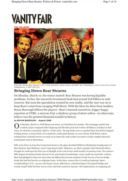 Bringing Down Bear Stearns: Politics & Power: Vanityfair.Com Page 1 of 16