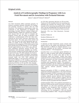 Analysis of Cardiotocography Findings in Pregnancy with Less Fetal Movement and Its Association with Perinatal Outcome Salma U1, Jabeen M2, Shimul S3, Akhter D4