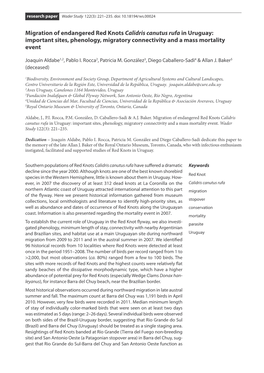 Migration of Endangered Red Knots Calidris Canutus Rufa in Uruguay: Important Sites, Phenology, Migratory Connectivity and a Mass Mortality Event