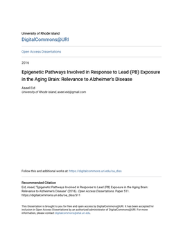 (PB) Exposure in the Aging Brain: Relevance to Alzheimer's Disease