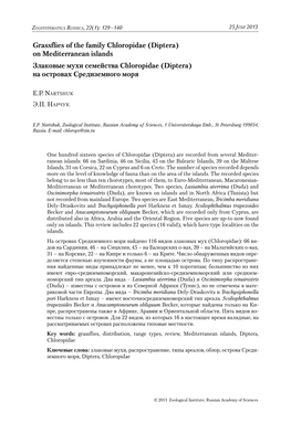 Grassflies of the Family Chloropidae (Diptera) on Mediterranean Islands Злаковые Мухи Семейства Chloropidae (Diptera) На Островах Средиземного Моря