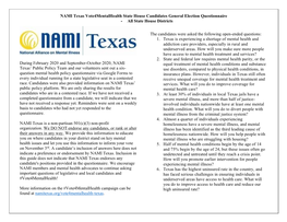 NAMI Texas Vote4mentalhealth State House Candidates General Election Questionnaire - All State House Districts