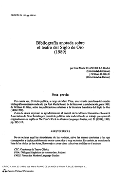 Bibliografía Anotada Sobre El Teatro Del Siglo De Oro (1989)