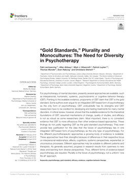 “Gold Standards,” Plurality and Monocultures: the Need for Diversity in Psychotherapy