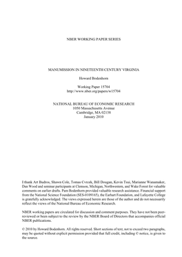 Nber Working Paper Series Manumission in Nineteenth Century Virginia