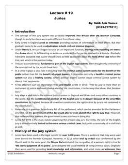 Lecture # 19 Juries By: Salik Aziz Vaince [0313-7575311]  Introduction