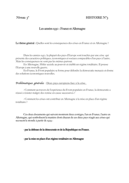 Niveau 3° HISTOIRE N°3 Les Années 1930 : France Et Allemagne