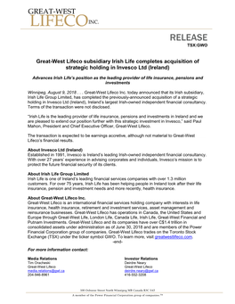 Great-West Lifeco Subsidiary Irish Life Completes Acquisition of Strategic Holding in Invesco Ltd (Ireland)