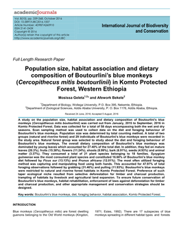 Population Size, Habitat Association and Dietary Composition of Boutourlini's Blue Monkeys (Cercopithecus Mitis Boutourlinii)