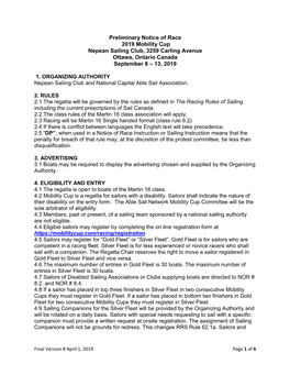 Preliminary Notice of Race 2019 Mobility Cup Nepean Sailing Club, 3259 Carling Avenue Ottawa, Ontario Canada September 8 – 13, 2019