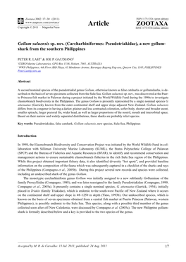 Carcharhiniformes: Pseudotriakidae), a New Gollum- Shark from the Southern Philippines