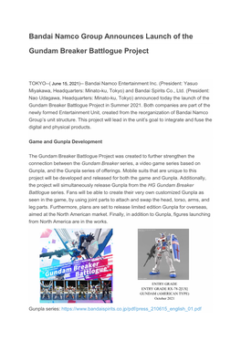 Bandai Namco Group Announces Launch of the Gundam Breaker Battlogue Project