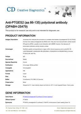Anti-PTGES2 (Aa 86-135) Polyclonal Antibody (DPABH-25479) This Product Is for Research Use Only and Is Not Intended for Diagnostic Use