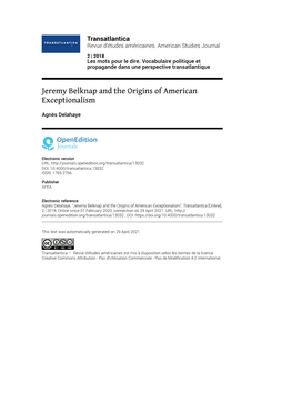 Transatlantica, 2 | 2018 Jeremy Belknap and the Origins of American Exceptionalism 2