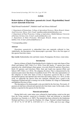 Article Redescription of Hygrobates Quanaticola (Acari: Hygrobatidae)