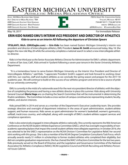ERIN KIDO NAMED EMU's INTERIM VICE PRESIDENT and DIRECTOR of ATHLETICS Kido to Serve As an Interim AD Following the Departure of Christian Spears