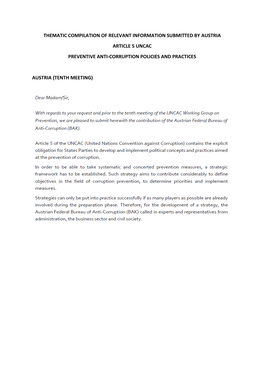 Thematic Compilation of Relevant Information Submitted by Austria Article 5 Uncac Preventive Anti-Corruption Policies and Practi