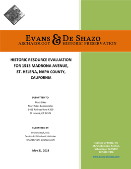 Historic Resource Evaluation for 1513 Madrona Avenue, St. Helena, Napa County