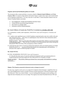 1 Eugenics and Sexual Sterilization Policies in Canada This Document Offers Content and Links to Resources Related to Ontario G