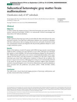 Subcortical Heterotopic Gray Matter Brain Malformations Classiﬁcation Study of 107 Individuals