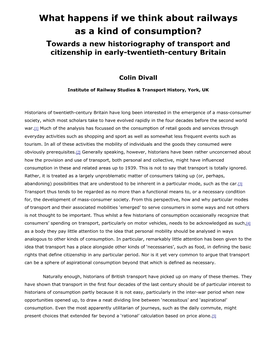 What Happens If We Think About Railways As a Kind of Consumption? Towards a New Historiography of Transport and Citizenship in Early-Twentieth-Century Britain