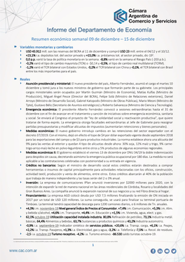 Informe Del Departamento De Economía Resumen Económico Semanal 09 De Diciembre – 15 De Diciembre