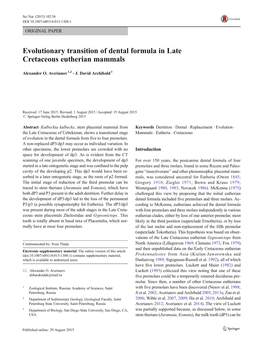 Evolutionary Transition of Dental Formula in Late Cretaceous Eutherian Mammals