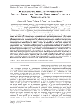 An Experimental Approach to Understanding Elevation Limits in the Northern Gray-Cheeked Salamander, Plethodon Montanus