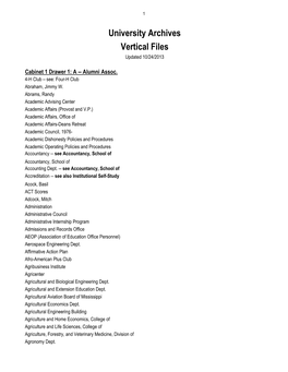 University Archives Vertical Files Updated 10/24/2013