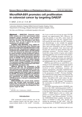 Microrna-889 Promotes Cell Proliferation in Colorectal Cancer by Targeting DAB2IP