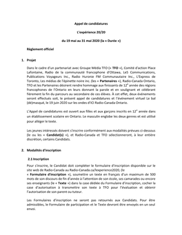 Appel De Candidatures L'expérience 20/20 Du 19 Mai Au 31 Mai 2020 (La « Durée ») Règlement Officiel 1. Projet Dans Le