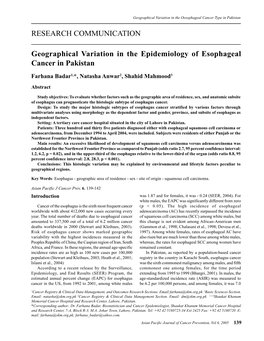 Geographical Variation in the Epidemiology of Esophageal Cancer in Pakistan