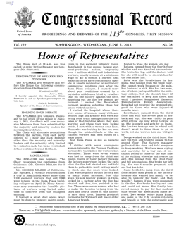 Congressional Record United States Th of America PROCEEDINGS and DEBATES of the 113 CONGRESS, FIRST SESSION