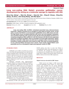 Long Non-Coding RNA Malat1 Promotes Gallbladder Cancer Development by Acting As a Molecular Sponge to Regulate Mir-206