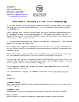 Filipino Dinner Celebration at Grand Traverse Resort and Spa