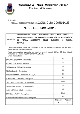 Comune Di San Nazzaro Sesia N. 33 DEL 22/10/2019