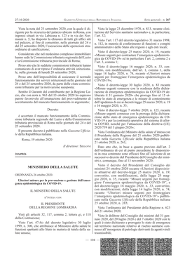 MINISTERO DELLA SALUTE Ministri 24 Ottobre 2020 Recante «Ulteriori Disposizio- Ni Attuative Del Decreto-Legge 25 Marzo 2020, N