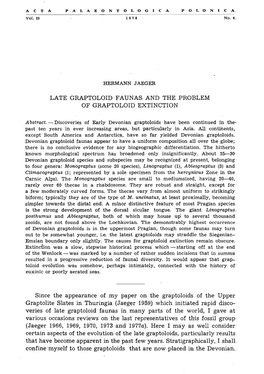 LATE GRAPTOLOID FAUNAS and the PROBLEM of GRAPTOLOID EXTINCTION Since the Appearance of My Paper on the Graptoloids of the Upper