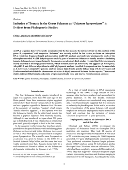 Inclusion of Tomato in the Genus Solanum As “Solanum Lycopersicum” Is Evident from Phylogenetic Studies