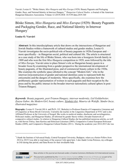Böske Simon, Miss Hungaria and Miss Europa (1929): Beauty Pageants and Packaging Gender, Race, and National Identity in Interwar Hungary.” Hungarian Cultural Studies