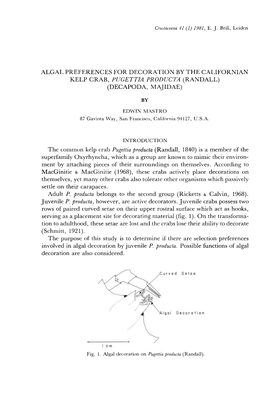 Algal Preferences for Decoration by the Californian Kelp Crab, Pugettia Producta (Randall) (Decapoda, Majidae)