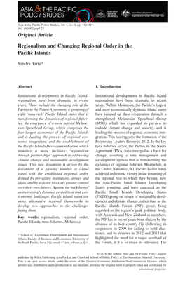 Regionalism and Changing Regional Order in the Pacific Islands