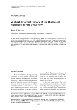 A Short, Informal History of the Biological Sciences at Yale University