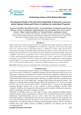 Mycochemical Profile of Mycelia and Fruiting Body of Panaeolus Cyanescens and Its Optimal Submerged Culture Conditions for Antioxidant Properties