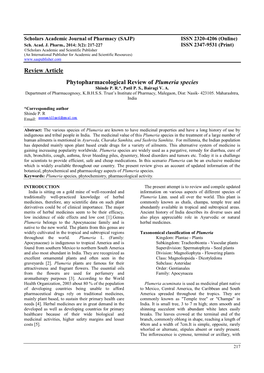 Phytopharmacological Review of Plumeria Species Shinde P