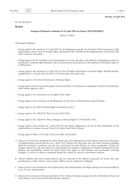 European Parliament Resolution of 18 April 2019 on Brunei (2019/2692(RSP)) (2021/C 158/03)